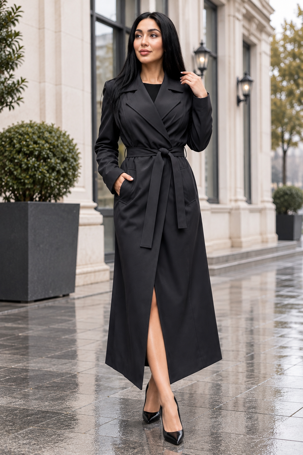 Elegant Waterproof Long Trench Coat with Belt